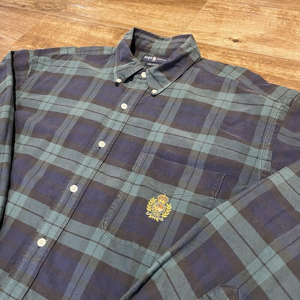 VTG Ralph Lauren Shirt Mens XL Green Tartan Plaid Polo Crest Button Down